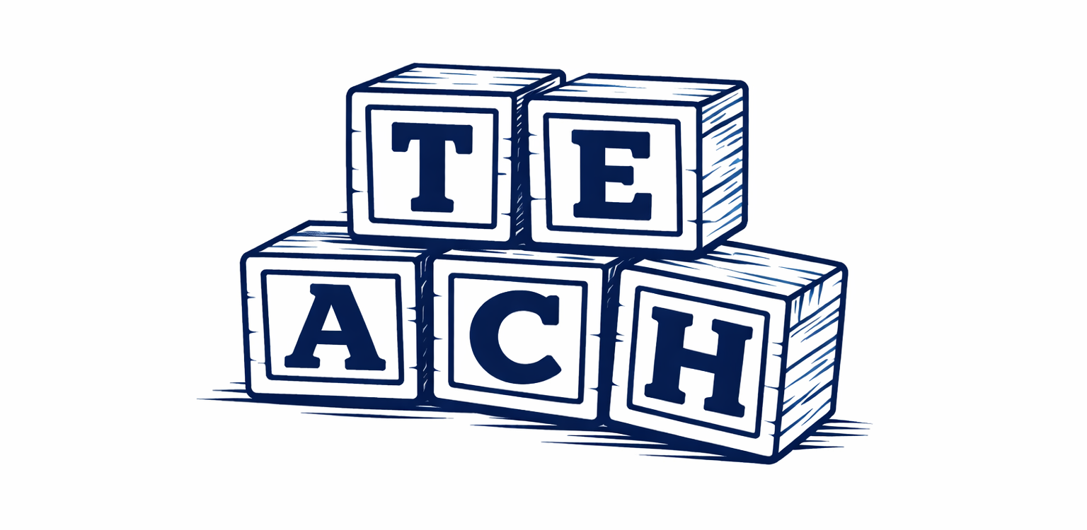 TEACH letter blocks, illustrated wooden blocks spelling out Teaching Educators AI Competency Hands-On