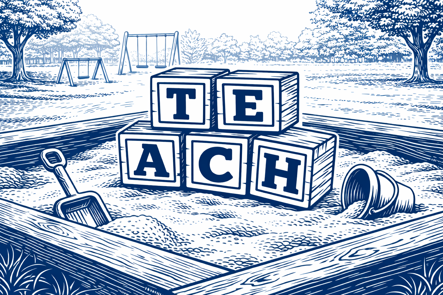 TEACH Sandbox, illustrated letter blocks spelling TEACH in a playground sandbox